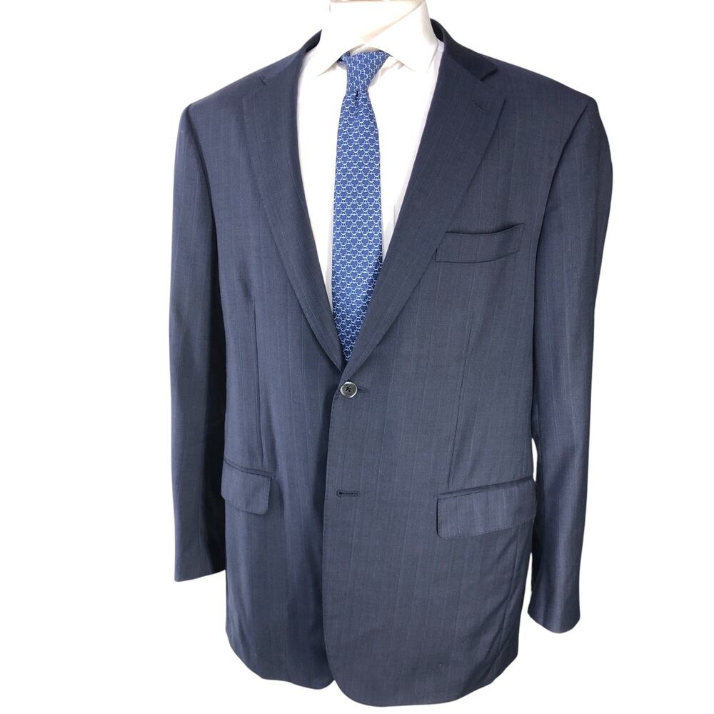 ISAIA Men Size 46L Sport Coat Blazer Base S Timeless 140s Wool Blue Ghost Stripe